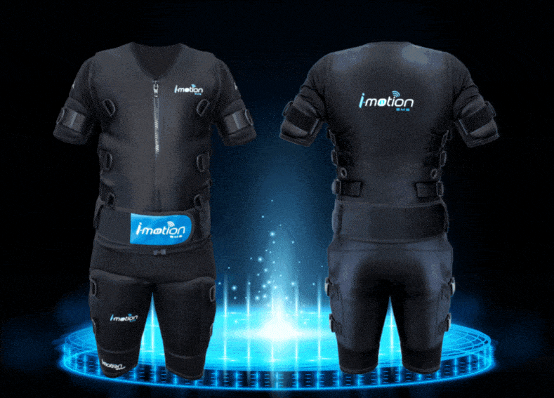 Traje de electroestimulación EMS visto de frente y de espaldas, con los electrodos en hombros, abdomen, glúteos y piernas